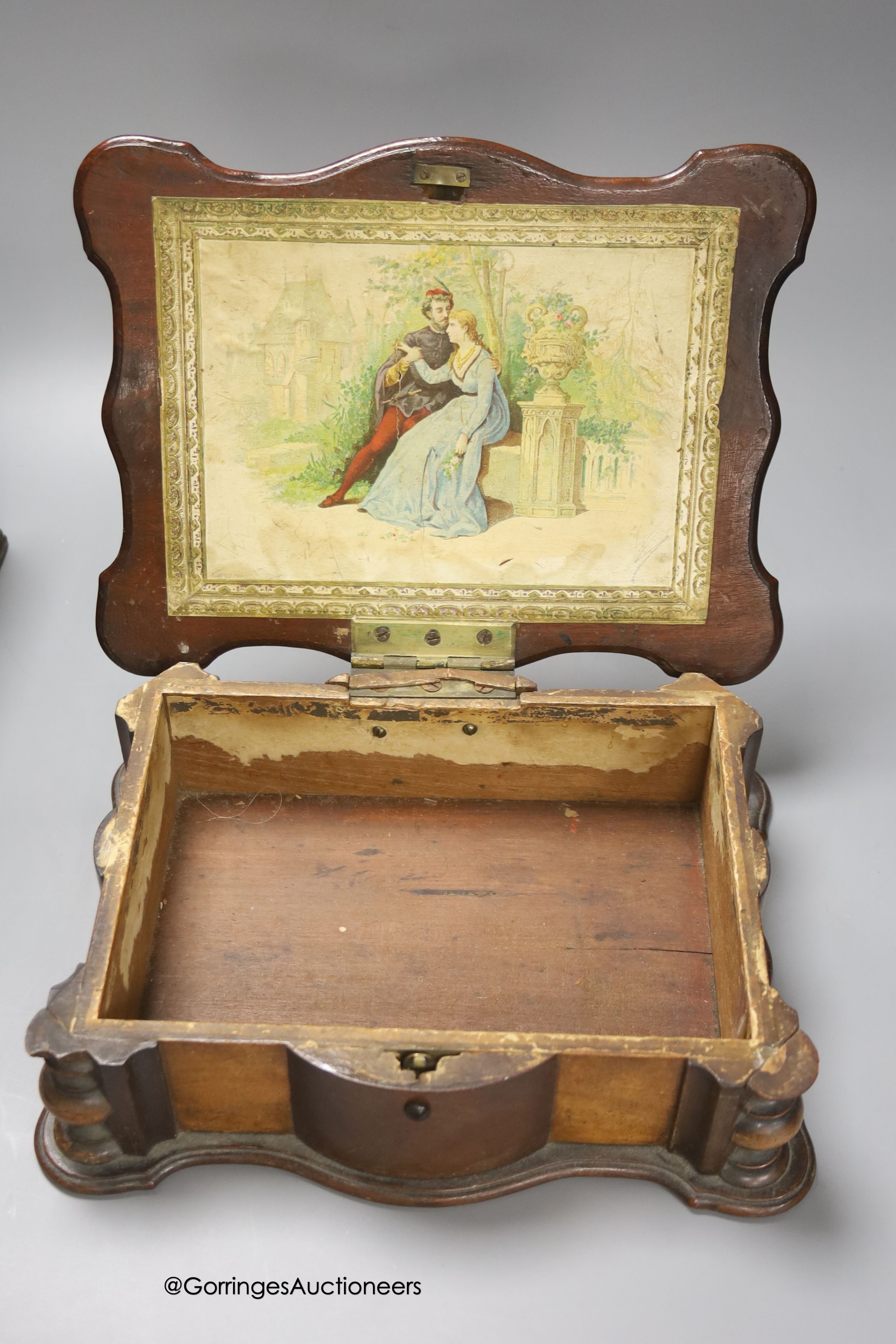 A mid 18th century mahogany tea caddy, 24cm, a rosewood cruet stand, one other box and a mallet with elm head